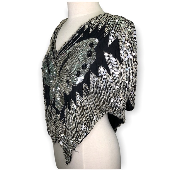 VINTAGE 70’s / 80’s Butterfly Beaded Embellishment Top 100% Silk - Picture 5 of 9